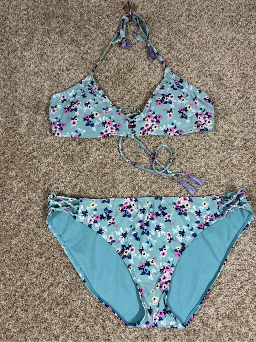 Wallflower Mint Floral Lace-Up Halter Bikini